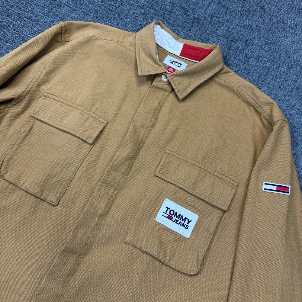 Tommy Jeans Mens XL Tan Chore Jacket Shacket Workwear‎ Button Up Shirt Canvas